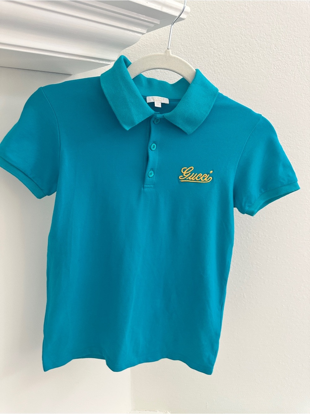 GUCCI 🦋 Kids Turquoise Polo with Yellow Script Logo - Picture 6 of 8